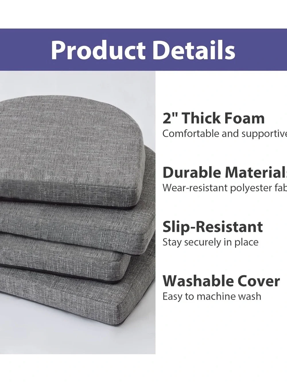 Open Box  Chair Cushions Set of 4 Gray Tie  Non-Slip Comfort Foam 16x16x2